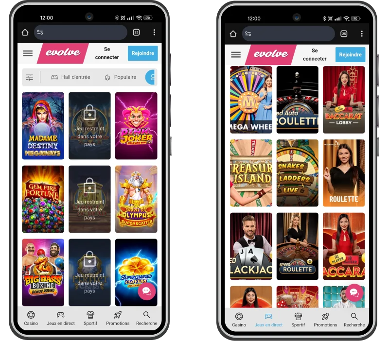 Fonctionnalités de la version mobile sur Evolve Casino
